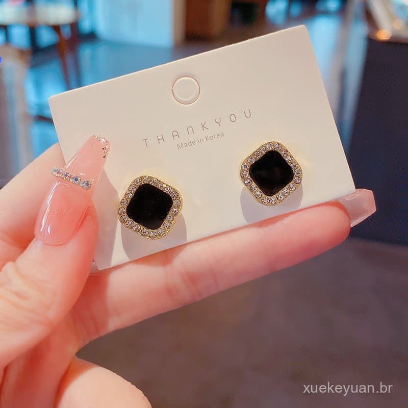 [Estoque pronto] Agulha de prata ins brincos de forma geométrica simples feminino Super Flash diamante brincos de alta q