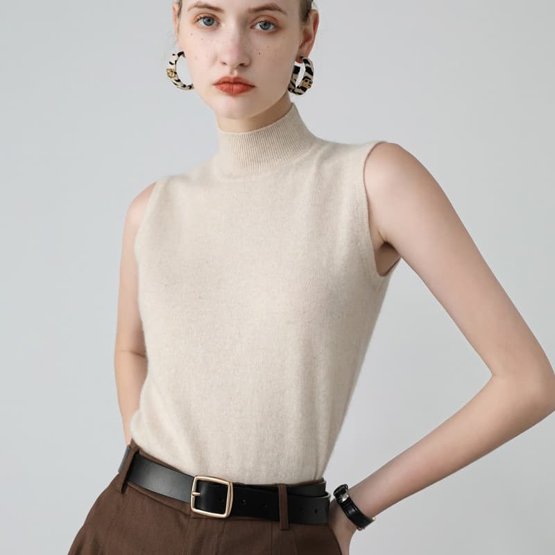 Fangcijia Simples Sem Mangas Meia Gola Alta Cashmere Suéter Colete Interno Sling De Malha