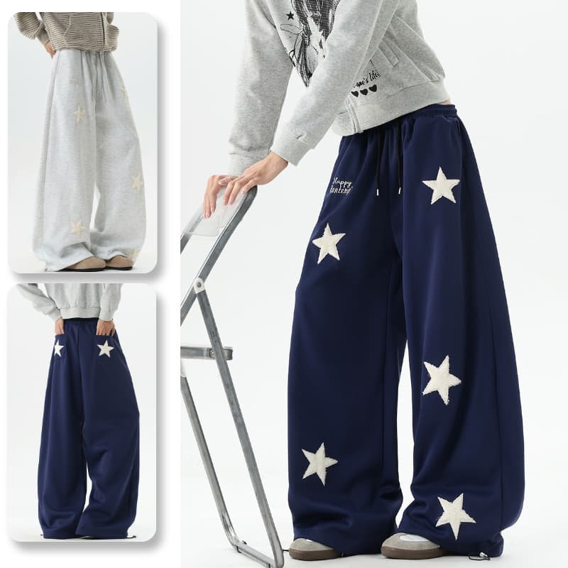 Americano Retro estrela bordado Casual Sweatpants masculino feminino rua reta perna larga chão esfregando T