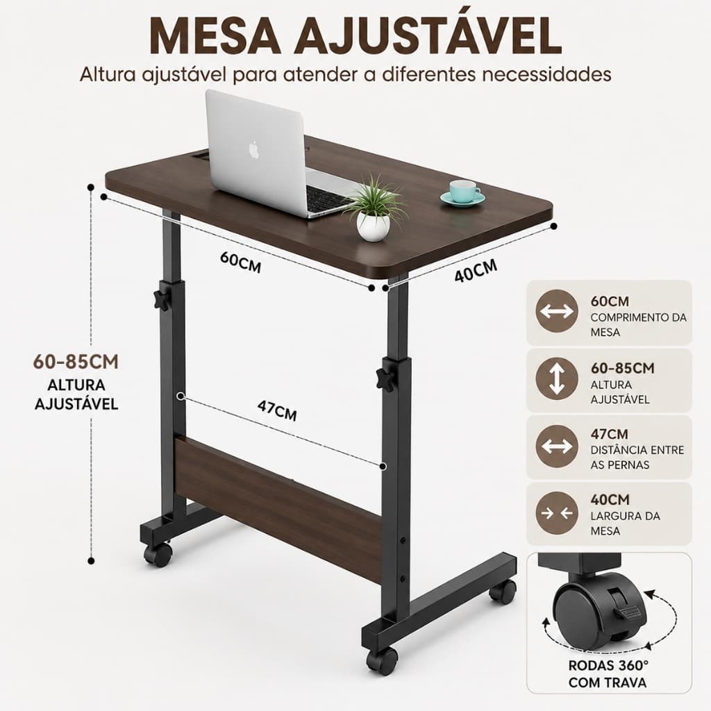 Mesa Notebook Ergonômica Multiuso Altura Regulável Rodinhas Mesa Escrivaninha para Cama Sofá Ajustes