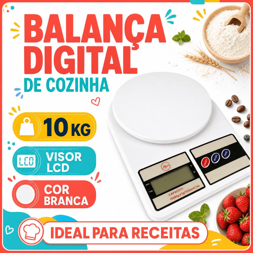 Balança Digital de Cozinha 10kg LCD Branca para Alimentos e Receitas