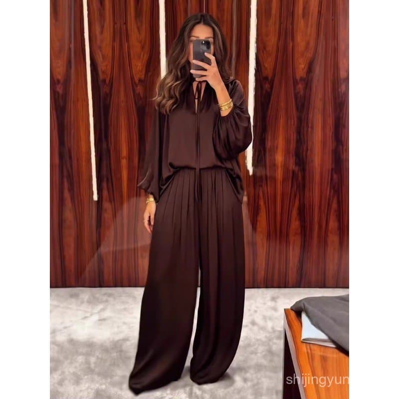 Conjunto Elegante de Camisa Solta com Decote em V e Detalhe de Laço e Calças de Perna Larga 202607A LM3I