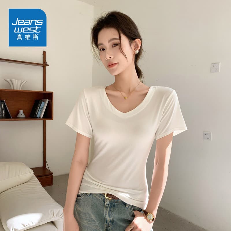 LYA verdadeiro Ves branco de manga curta camiseta feminina 2026 verão novo estilo preguiçoso U-pescoço solto meia manga