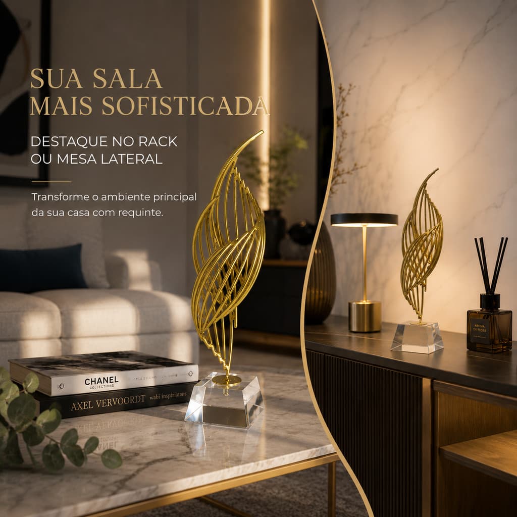 Escultura Decorativa Abstrata Dourada Metal Com Base Cristal Para Sala Escritório Luxo