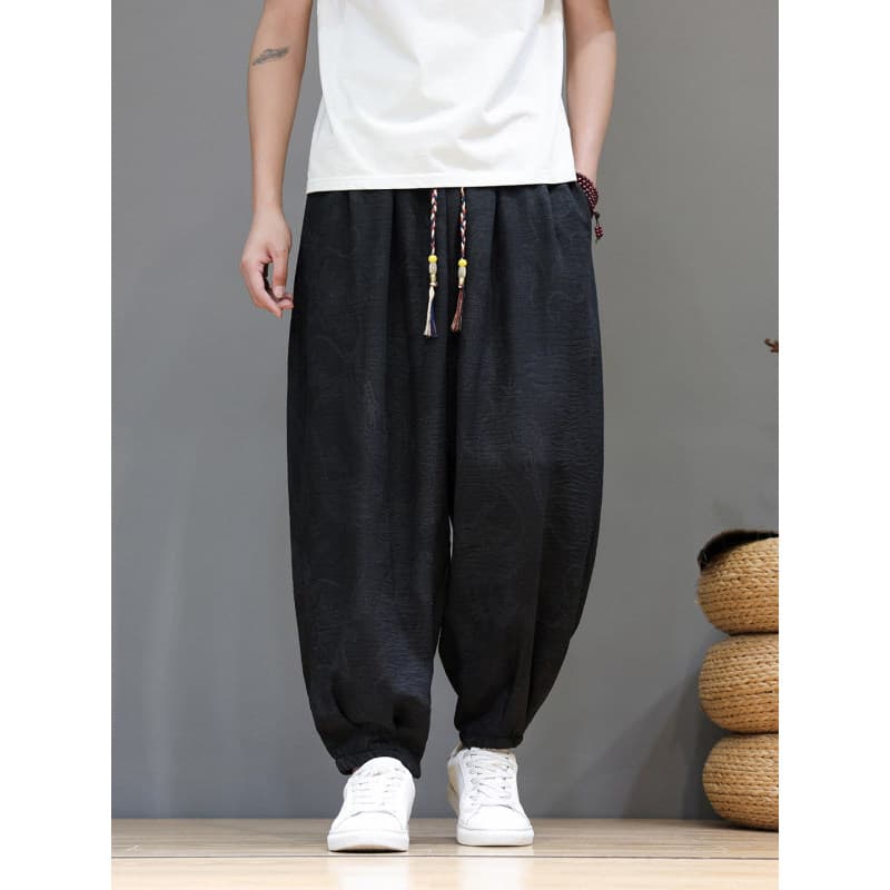 Calças finas de verão masculinas estilo chinês dragão padrão impressão solta Bloomers Retro estilo étnico calças Legging