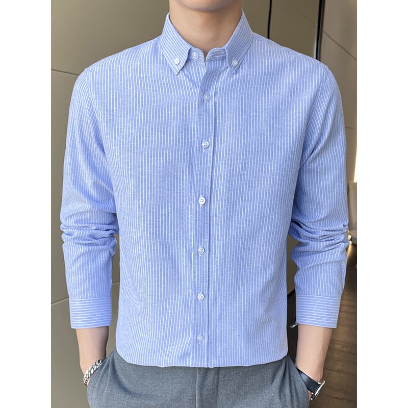 Primavera outono Oxford girando Vertical listrado camisa masculina de manga comprida negócios Casual High-End básico juv