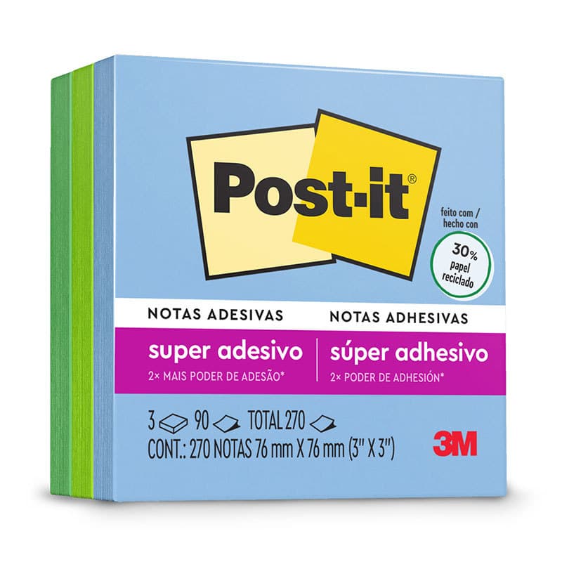 Bloco de notas adesivas Post-it coleção Oásis 3 blocos de 76x76mm 270 folhas 3M