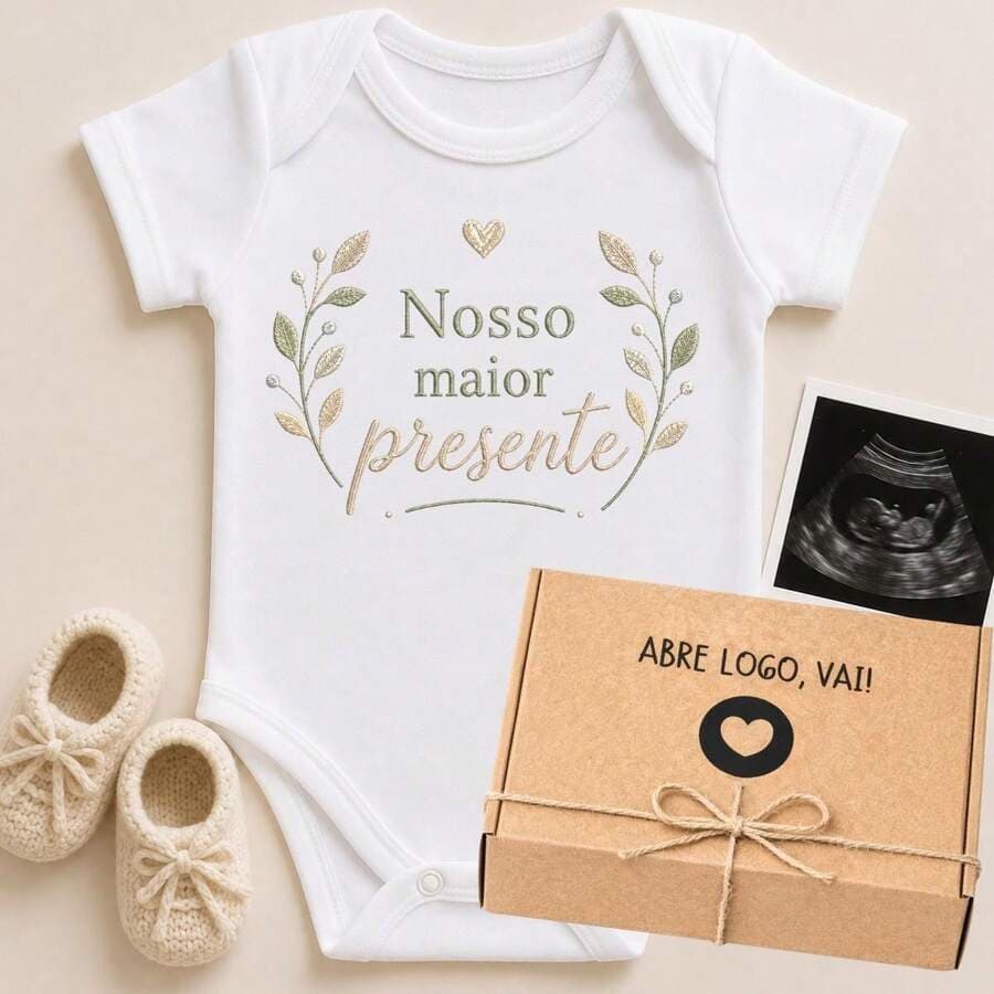 Espevitados Body revelação gravidez estampa efeito bordado Nosso maior presente 2026-214-BC + CAIXA