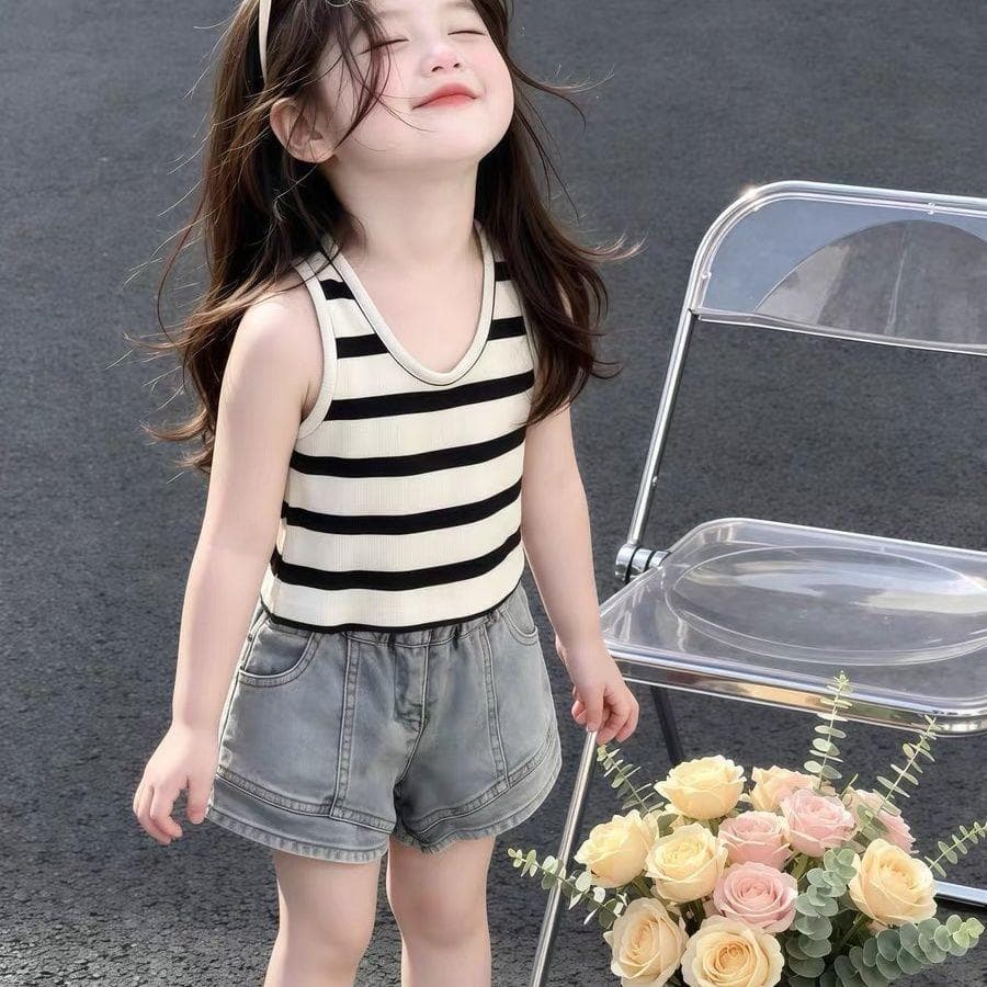 [Venda por tempo limitado] Meninas estilo verão 2026 colete listrado Shorts jeans versão coreana verão moda novo estilo
