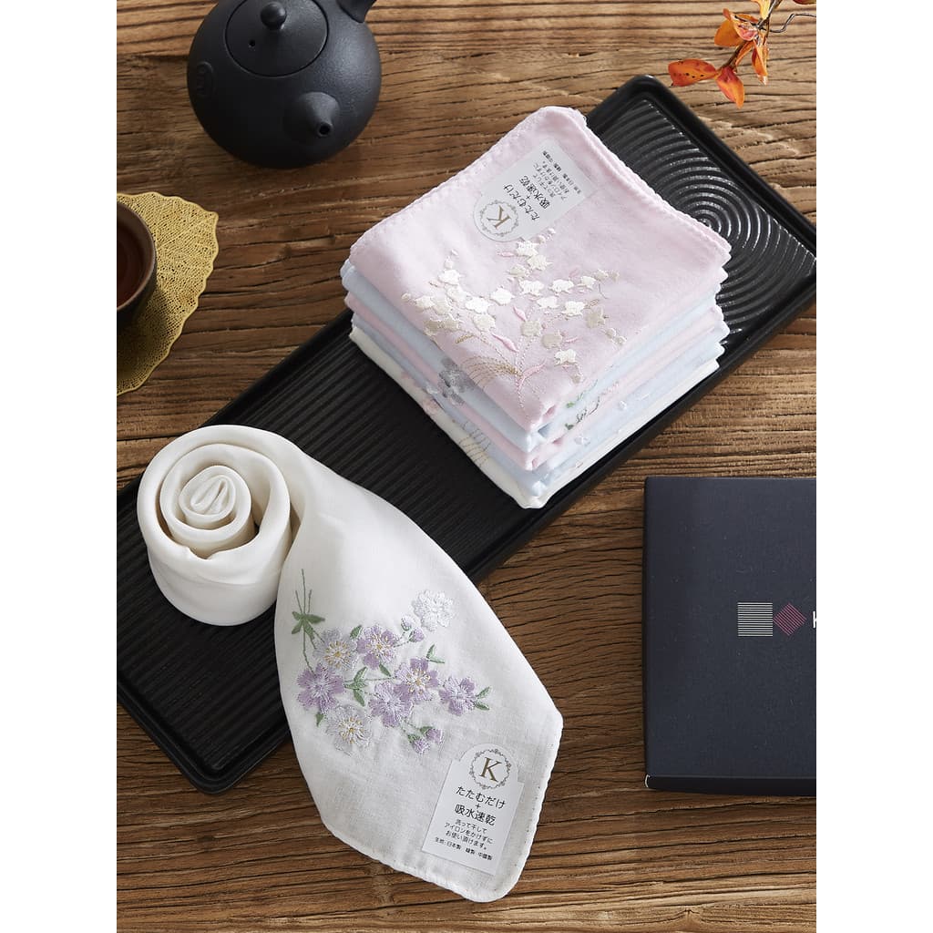 [Kupa] Lenço feminino bordado de 35 cm fora do Japão, algodão, camada dupla, fio fino, lenço de algodão macio, absorvent