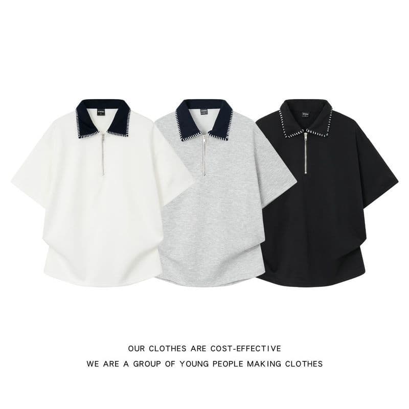 Nicho Design contraste cor lapela manga curta camiseta meio zíper linha aberta camisa Casual masculino feminino