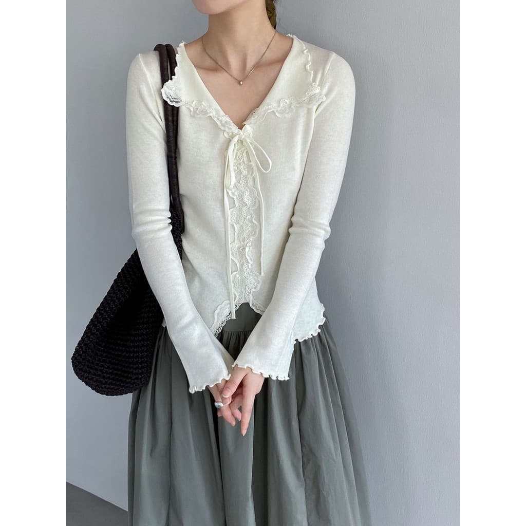 Com decote em V fungo borda costura renda manga larga camisola feminina Hanli estilo coreano camisa pequena francês pequ
