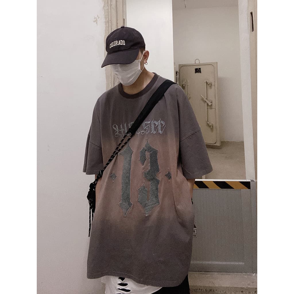 UUCSCC Americano Retro Bordado oversize Manga Curta Hip-Hop Street Wear Solto vintage Manga de Cinco Pontos T