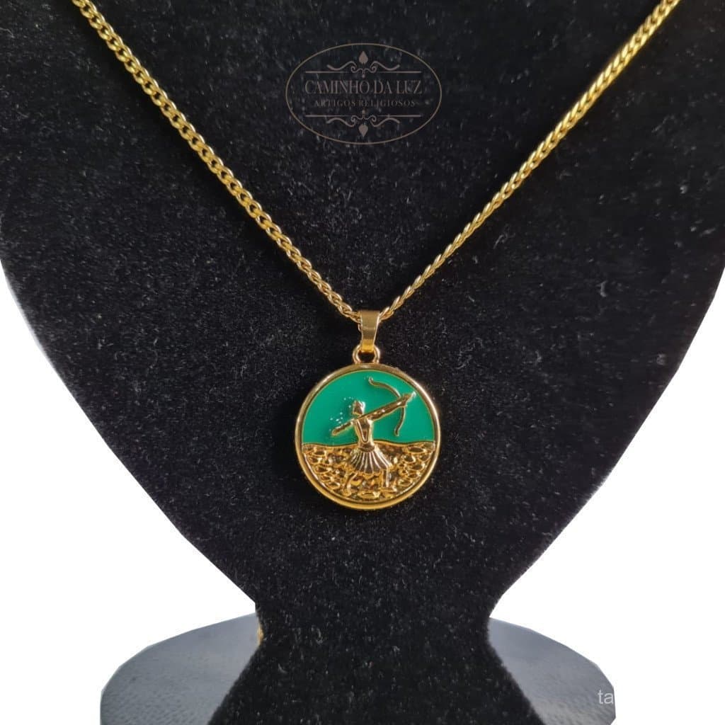 Kit Pingente Oxóssi Banhado a Ouro 18k Umbanda Candomblé + Corrente 60cm