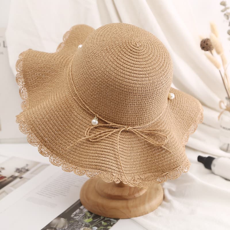 Chapéu feminino verão pequena onda fresca grande borda chapéu de palha versão coreana All-Match pérola Casual protetor s