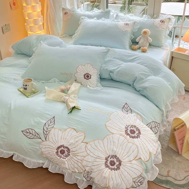Cama de algodão totalmente lavada com renda leve e luxuosa, conjunto de quatro peças, estilo princesa, dormitório, capa