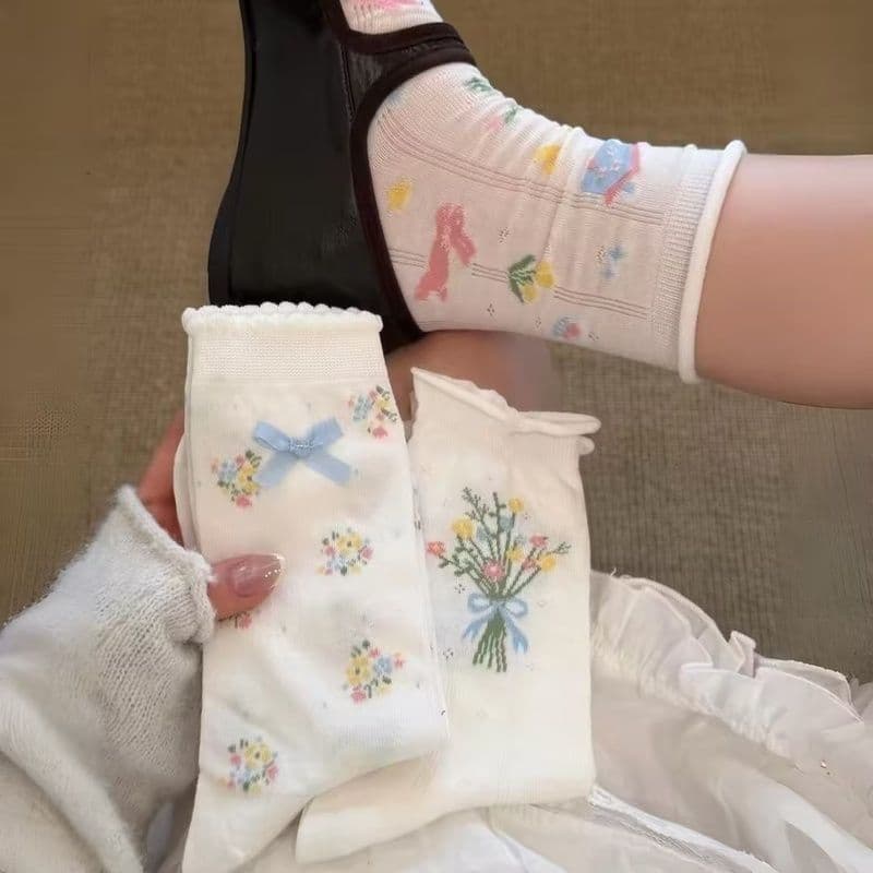 Primavera flor japonês bonito arco meias verão estilo fino ins estilo Preppy malha menina Lolita meias