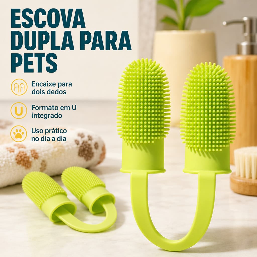 Escova de Dente Pet de Dedo Duplo Silicone Flexível BPA Free para Remover Sujeiras e Cuidar dos Dentes