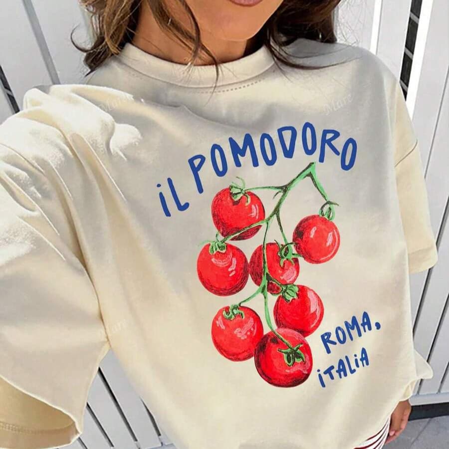Camiseta Feminina T-Shirt Estampa Tomate Manga Curta Estilosa Gola Redonda Tecido 100% Algodão