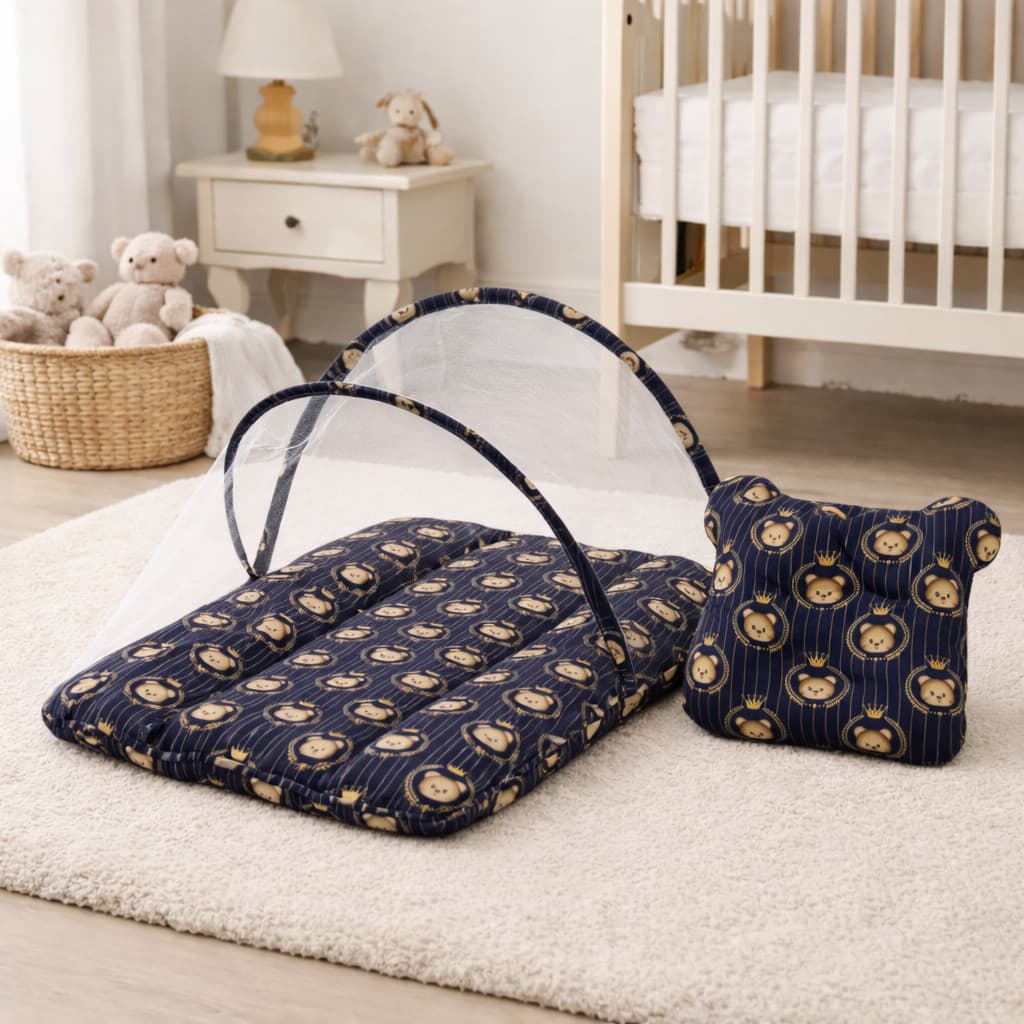 Kit Berço Portatil com Tela Anti Inseto Acolchoado  + Travesseiro Bebê Anatômico Tecido Estampado