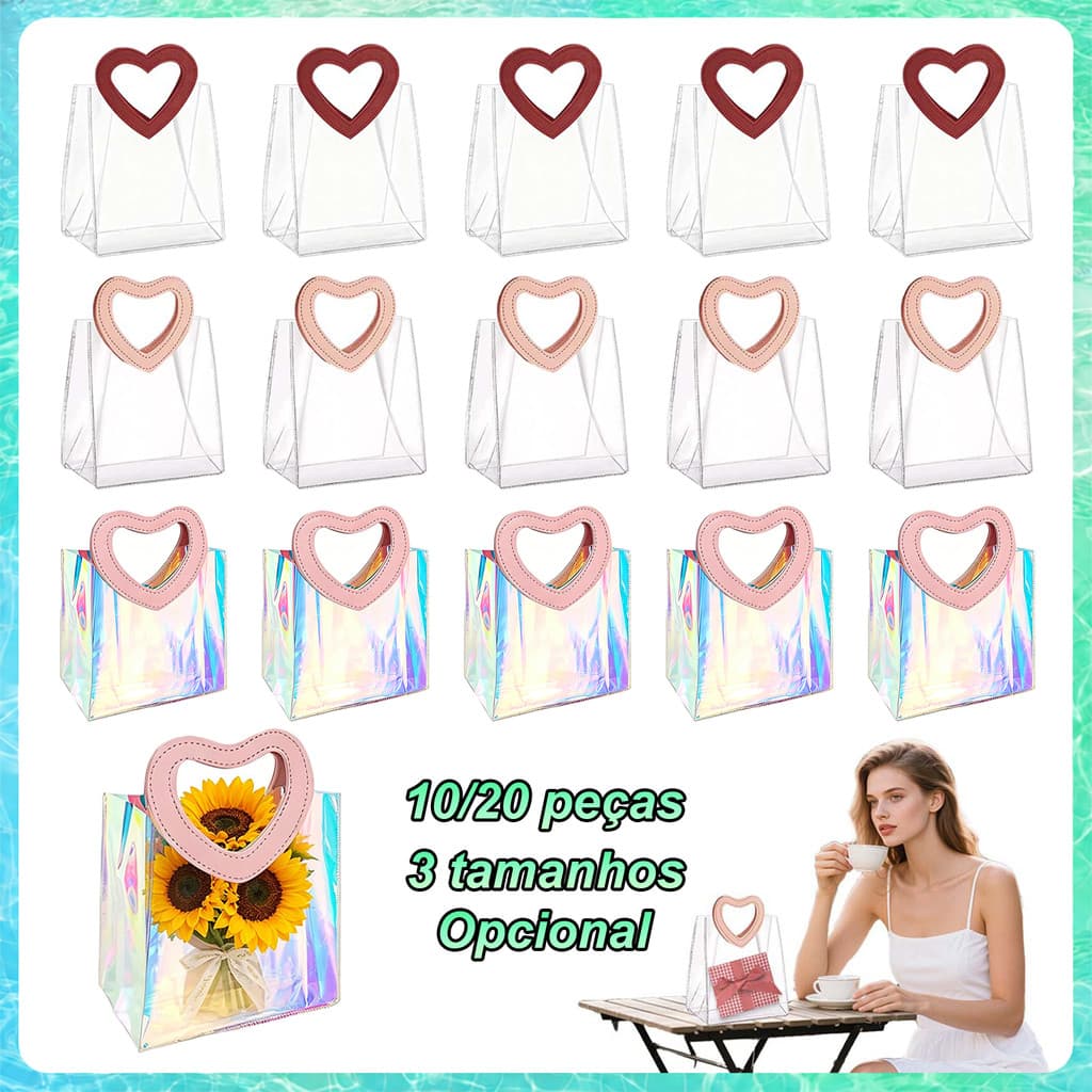 10/20x Saco de Presente com Alça Coração PVC – reutilizável, p/ aniversário e casamento, Vários estilos