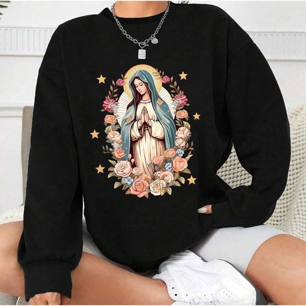 Moletom Gola Redonda Com Ombro Caído E Estampa De Nossa Senhora Inverno