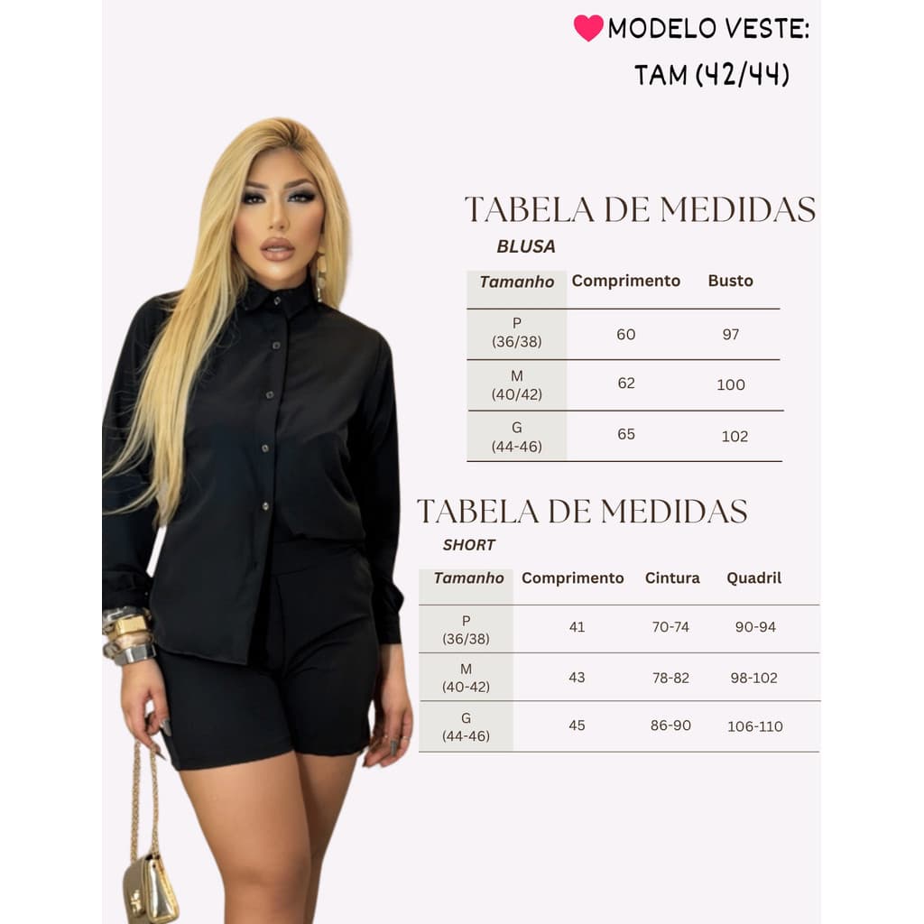 Conjunto Camisa e Short Alfaiataria Preto Universo Fitness 👑