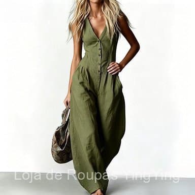 Macacão feminino de linho, com decote em V e sem mangas, calças de pernas largas, estilo urbano, macacão casual de verão
