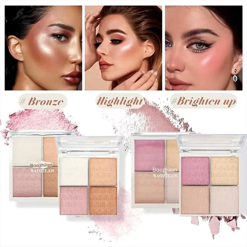 Paleta De Iluminador Facial De 4 Cores , Pó Assado Suave Com Brilho Perolado , Maquiagem De Sombra Iluminadora Brilhante