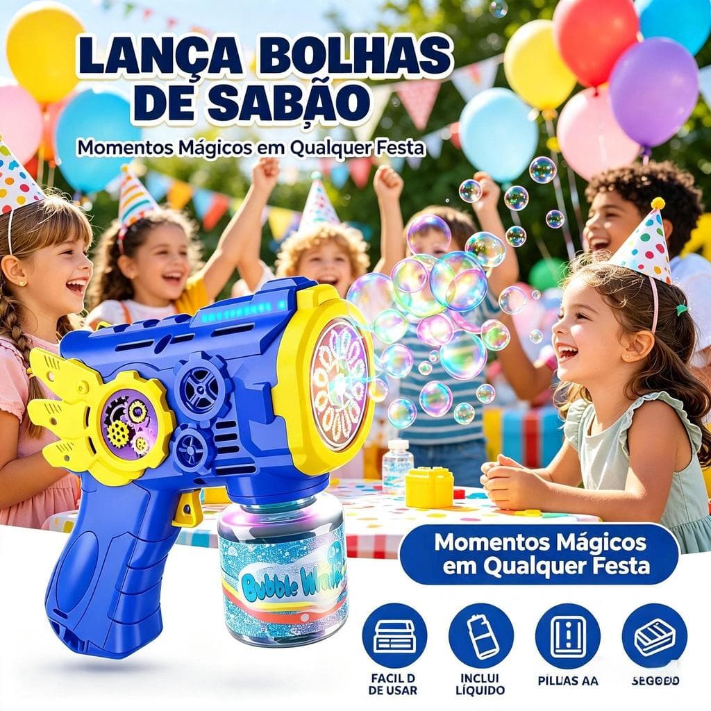 Pistola Lança Bolhas de Sabão Coloridas com Luz LED Inclui Líquido Arminha Bolhas de Sabão Brinquedo Para Ar Livre