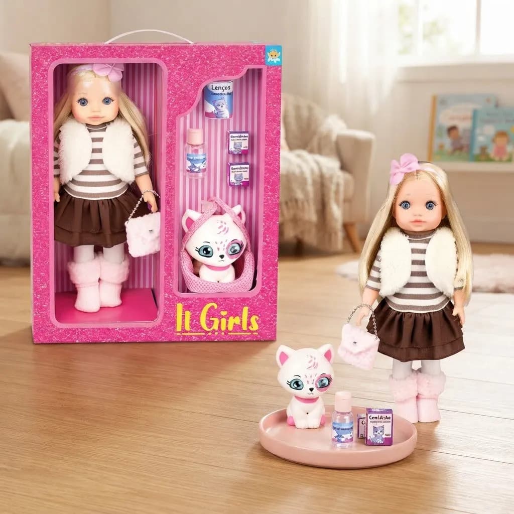 Boneca Blogueirinha 37cm Com Pet Gato Acessorios E Roupas