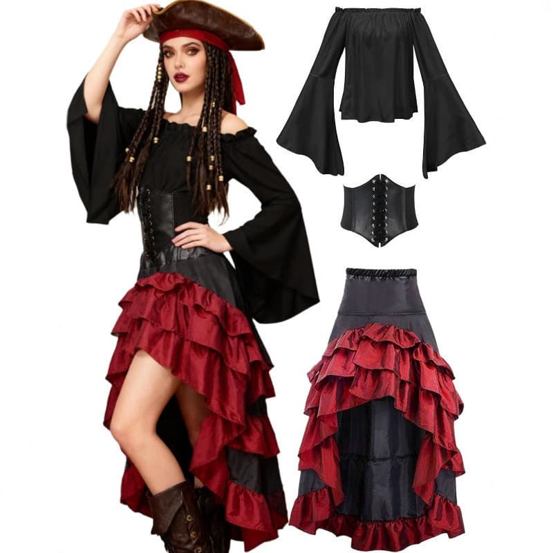 Conjunto de corpete e saia para fantasia de pirata renascentista feminina, ideal para o Halloween e para eventos de cosp
