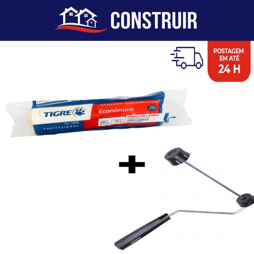 Rolo Para Pintura Latex ou Acrilica Parede Lã Sintética 23cm Tigre 1312 Completo C/ Cabo Suporte