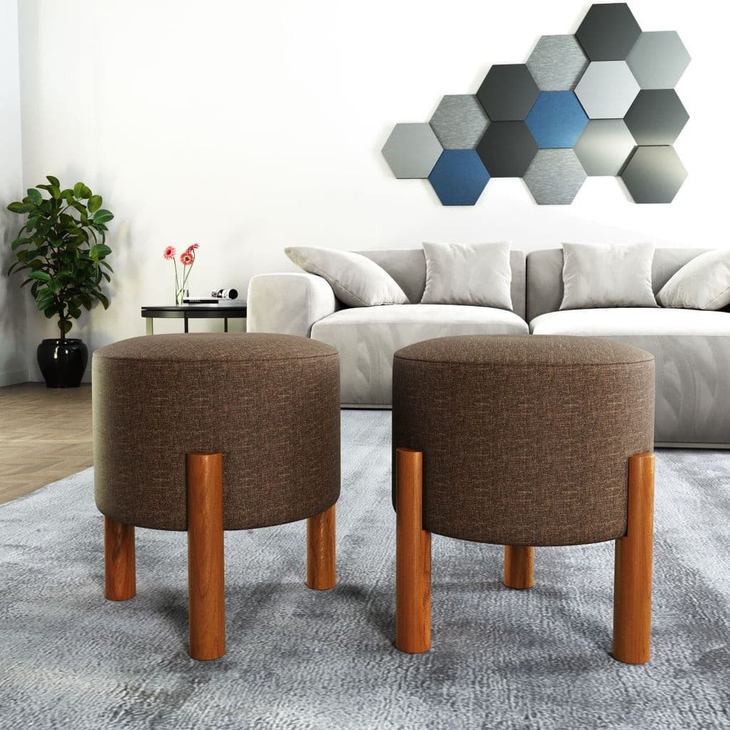 Kit Puff Lucca Marrom Pés Palito Decorativo Recepção Redondo em Linho Cru