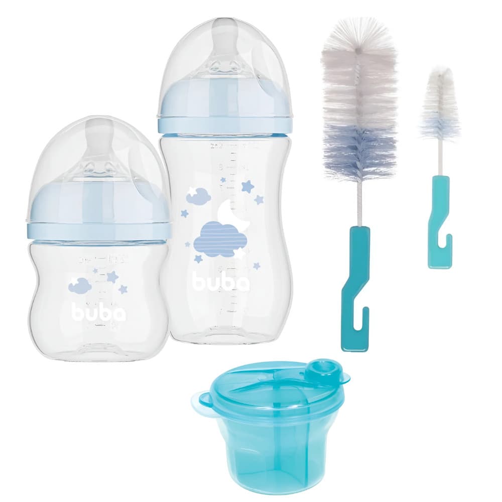KIT C/  ESCOVA P MAMADEIRA , 2 MAMADEIRAS AZUL E POTE P/ LEITE EM PO AZUL - BUBA