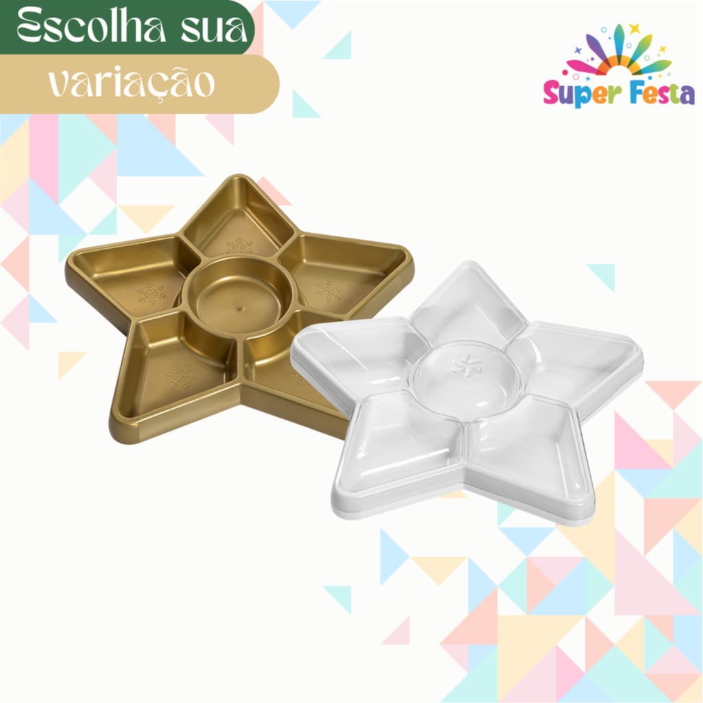 Kit 2 Bandejas Petisqueiras  Tampa de Acetato Natal Estrela 24cm  - Diversas Cores Bandeja Natalina Lançamento