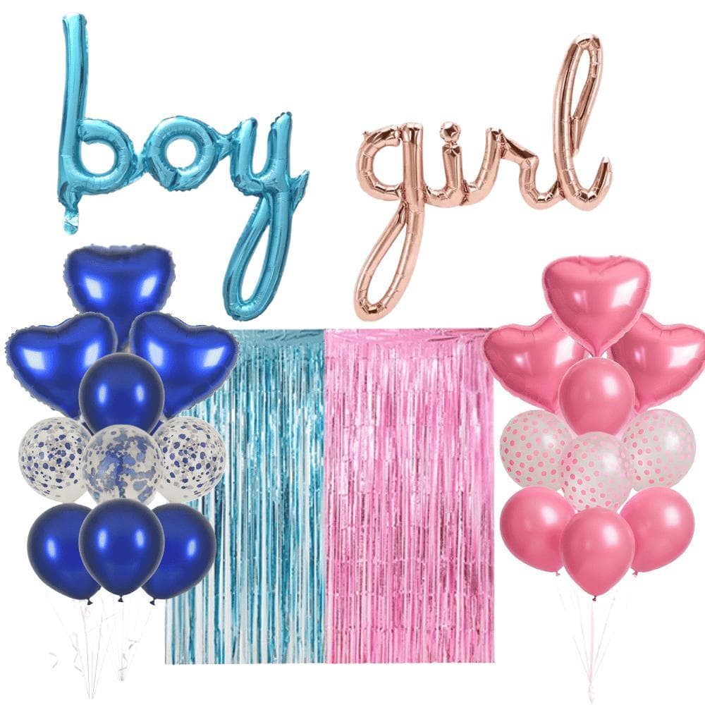 Kit Chá Revelação Boy ou Girl com Buquê de Balões e Cortinas Metalizadas para Decoração de Festa
