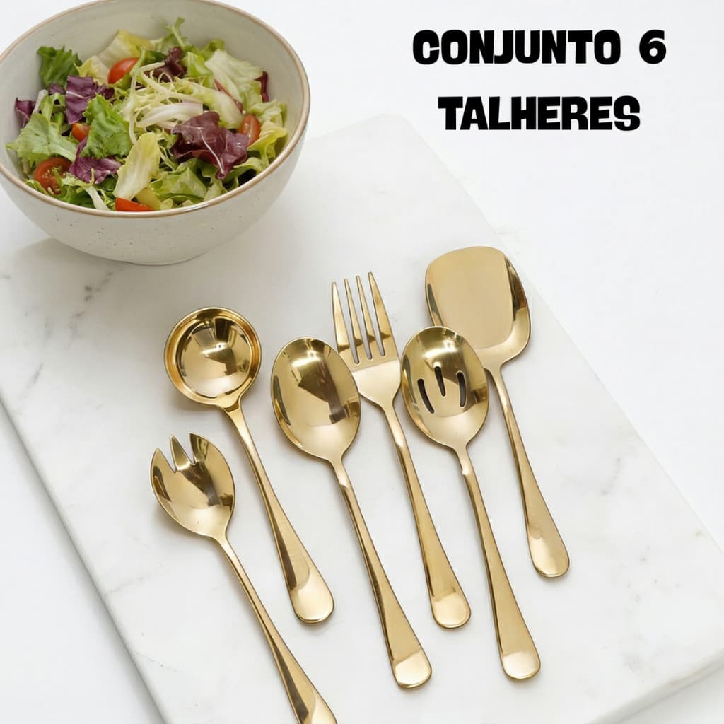 Conjunto de Talheres  para Salada Dourado Luxo Inox 6 Peças Mesa Posta