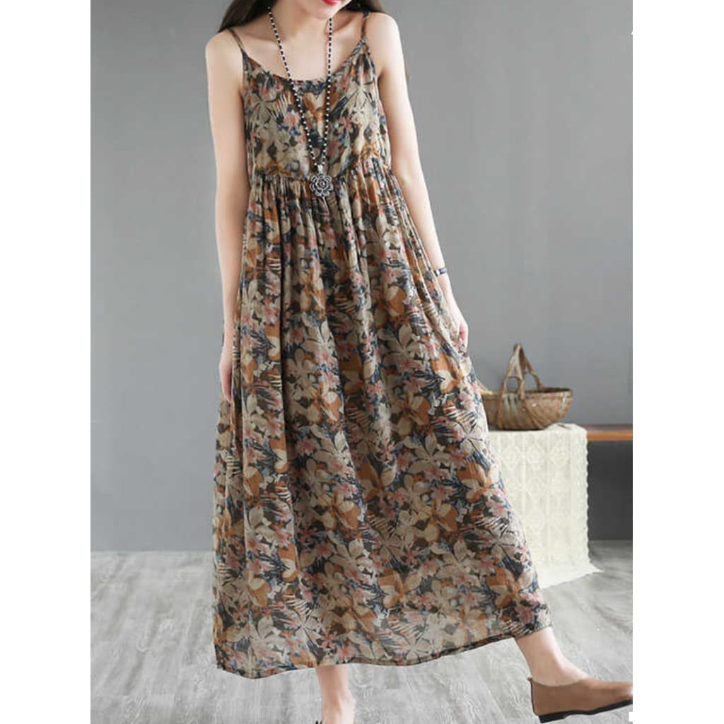 Flor cor de comprimento médio seda linho Suspender saia vestido grande balanço temperamento elegante mais magro olhar li