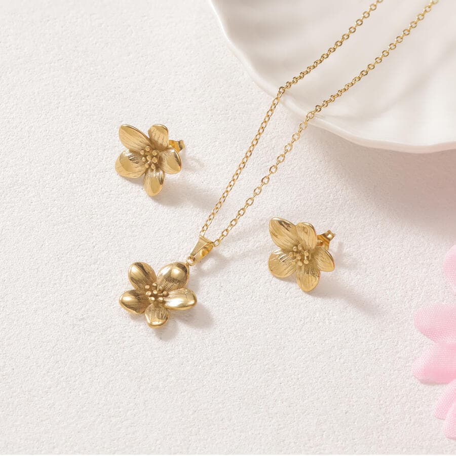Temperamento simples 18K ouro aço inoxidável flor colar moda feminina All-Match titânio aço brincos pingente colar conju