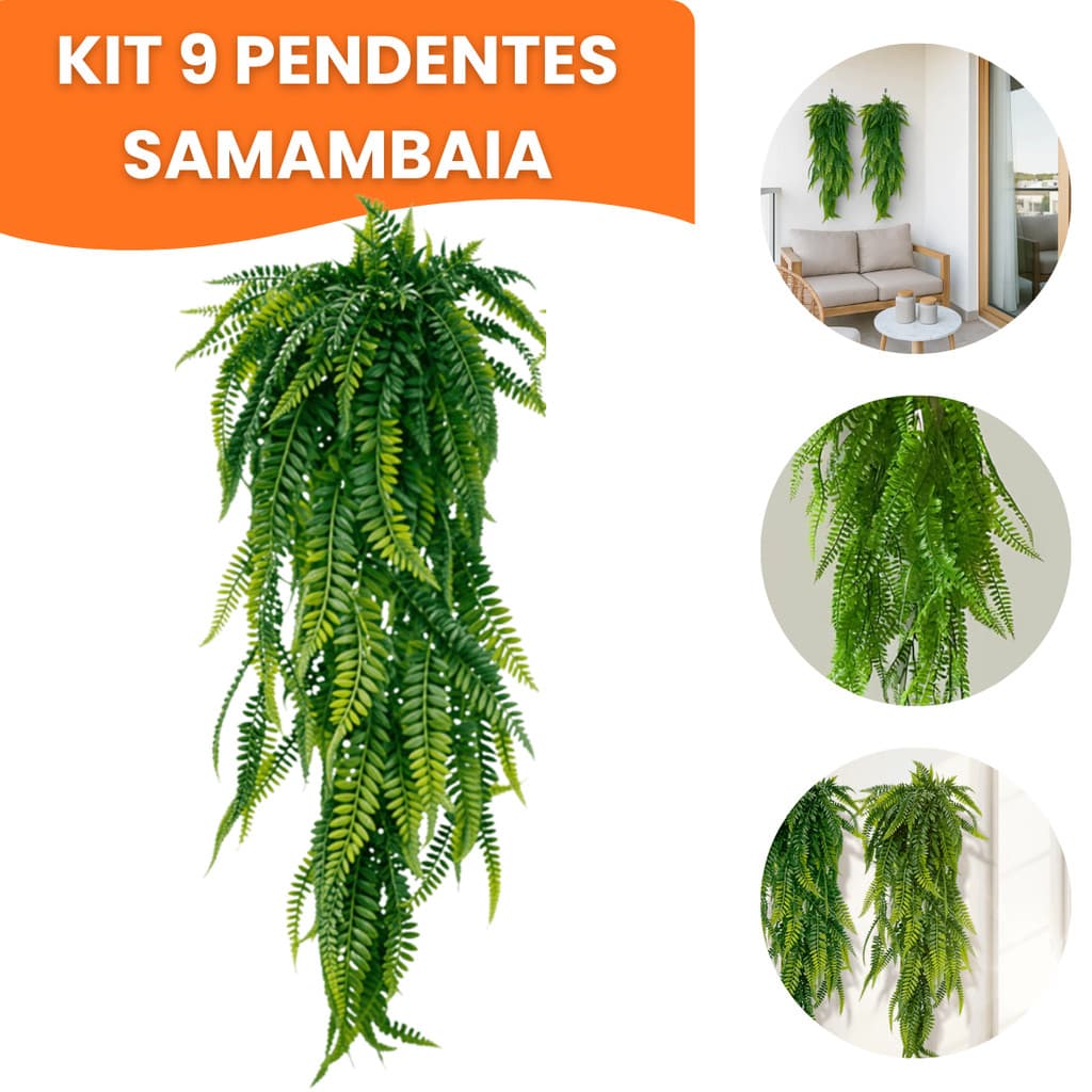 Kit 9 Pendente Samambaia Artificial 80cm Realista Planta Decoração Parede Flor Folhagem