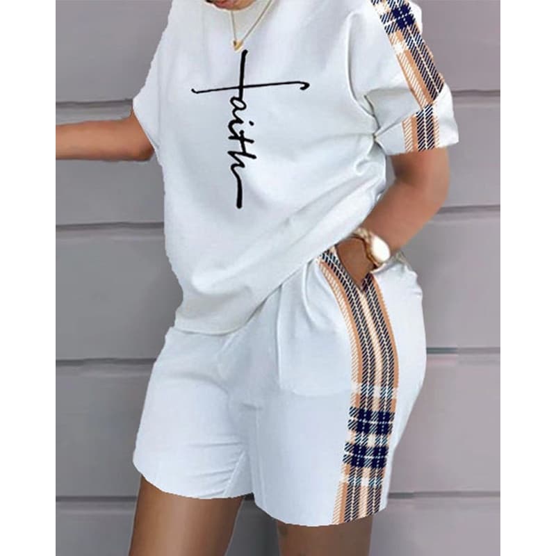 Conjunto de 2 Peças de Tops Curtos e Shorts para o Verão 2023, Conjunto Feminino Solto com Estampa ZNGS