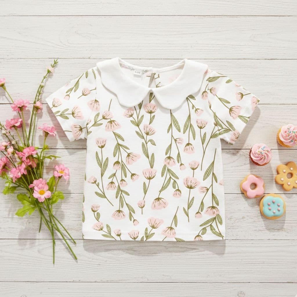 Primavera verão bebê menina camisa de manga curta versão coreana Floral topo roupas infantis puro algodão camiseta gola