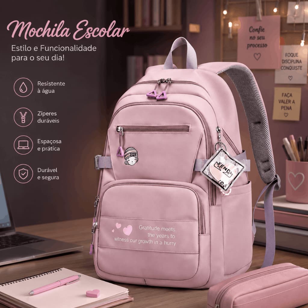 Mochila Escolar Feminina Grande Impermeável Reforçada Vários Compartimentos Faculdade Trabalho