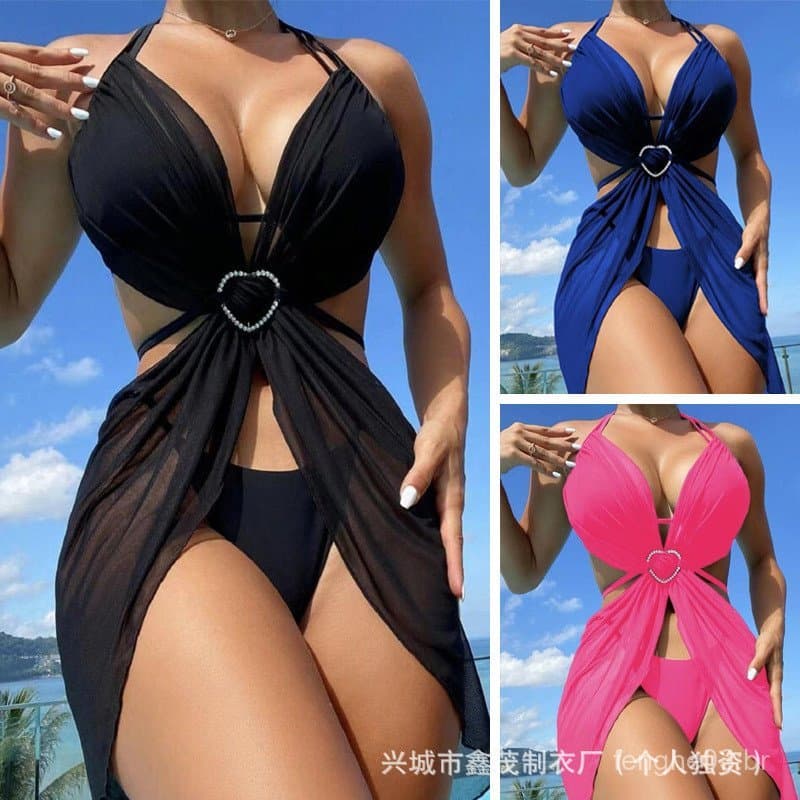 Novo biquíni de três peças para mulheres, maiô de cor sólida com decote halter vazado e detalhes em malha FQ5Q