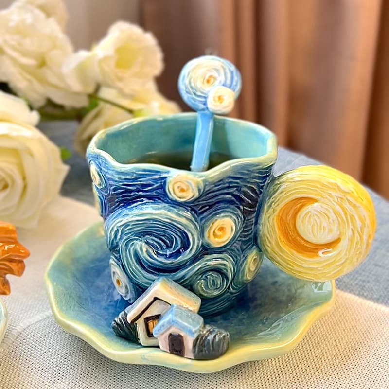 Underglaze cor Van Gogh céu estrelado xícara de café xícara de chá com colher copo de água conjunto de presente de chá d
