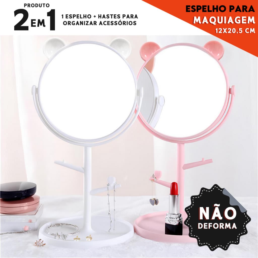 Mini Espelho de Mesa Redondo Giratório com Porta Joias e Organizador de Maquiagem Gatinho - BNVT