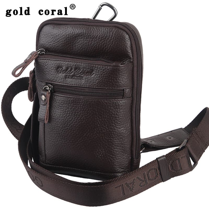 Bolsa de cintura masculina dourada coral, bolsa de peito de couro de vaca, Crossbody multifuncional, bolsa de ombr