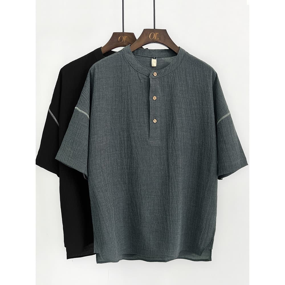 Henry colarinho camisa POLO masculina verão fino Seersucker gelo seda de manga curta camiseta masculina Casual gola alta