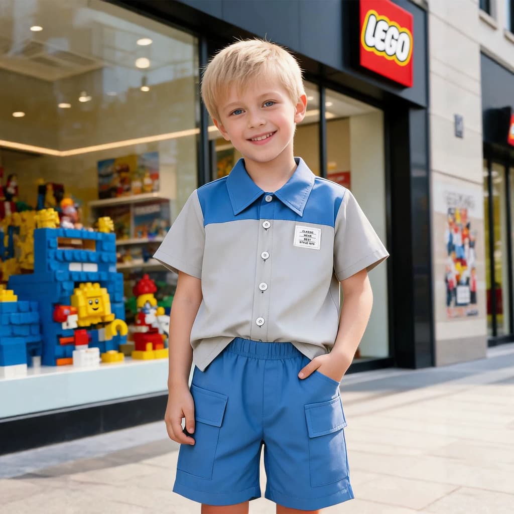Verão meninos contraste cor costura camisa de manga curta Shorts de duas peças Casual respirável geral